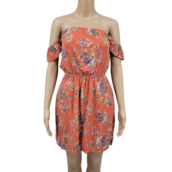 American Eagle Outfitters Off The Shoulder Floral Dress in Orange and Purple NEW - Picture 1 of 10